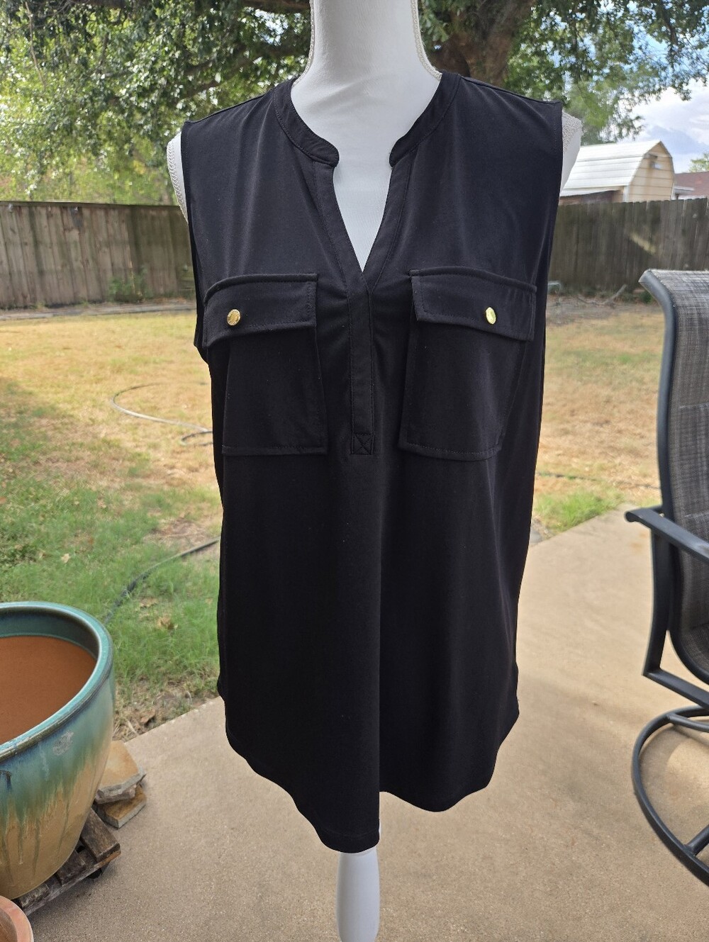 Michael Kors Black Sleeveless Pocket V-Neck Shell with Gold Buttons